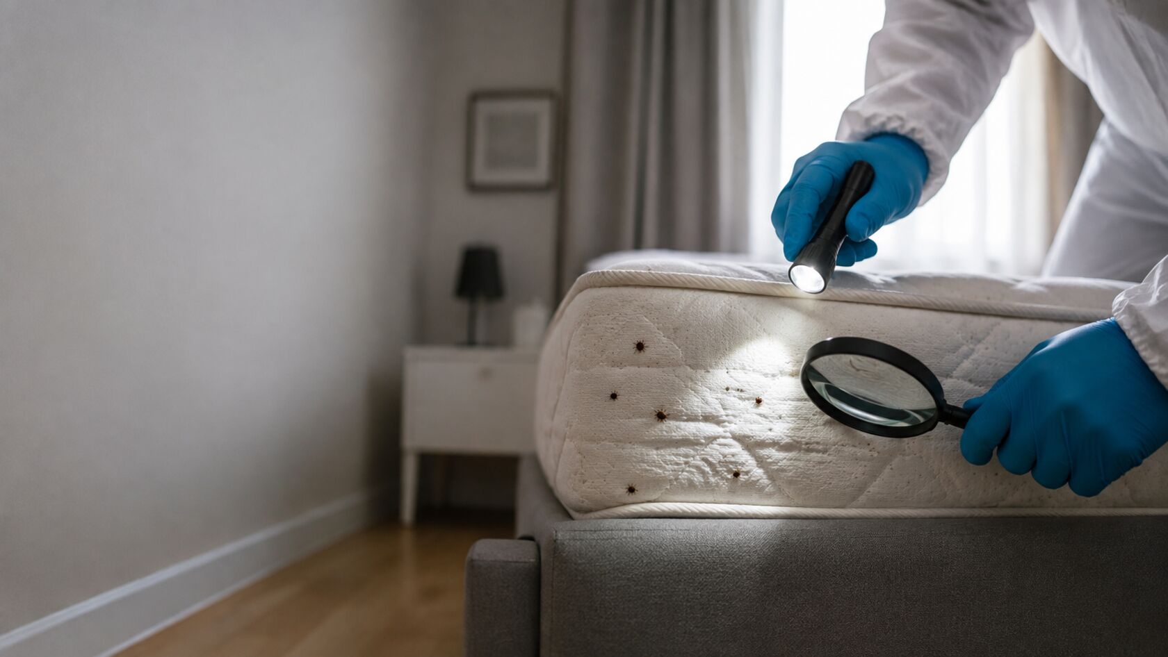 Inspection d'un matelas à la loupe et à la lampe torche pour détecter des punaises de lit